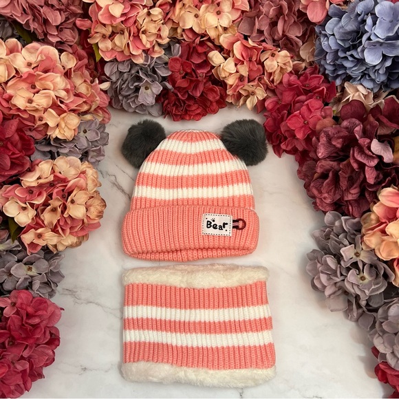 Infant Baby Pink Striped Winter Hat & Ring Scarf Set - Picture 2 of 16